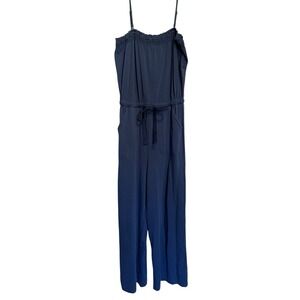 PACT Sz S Jumpsuit French Blue Cotton Organic Wide Leg Smocked Lounge Braided